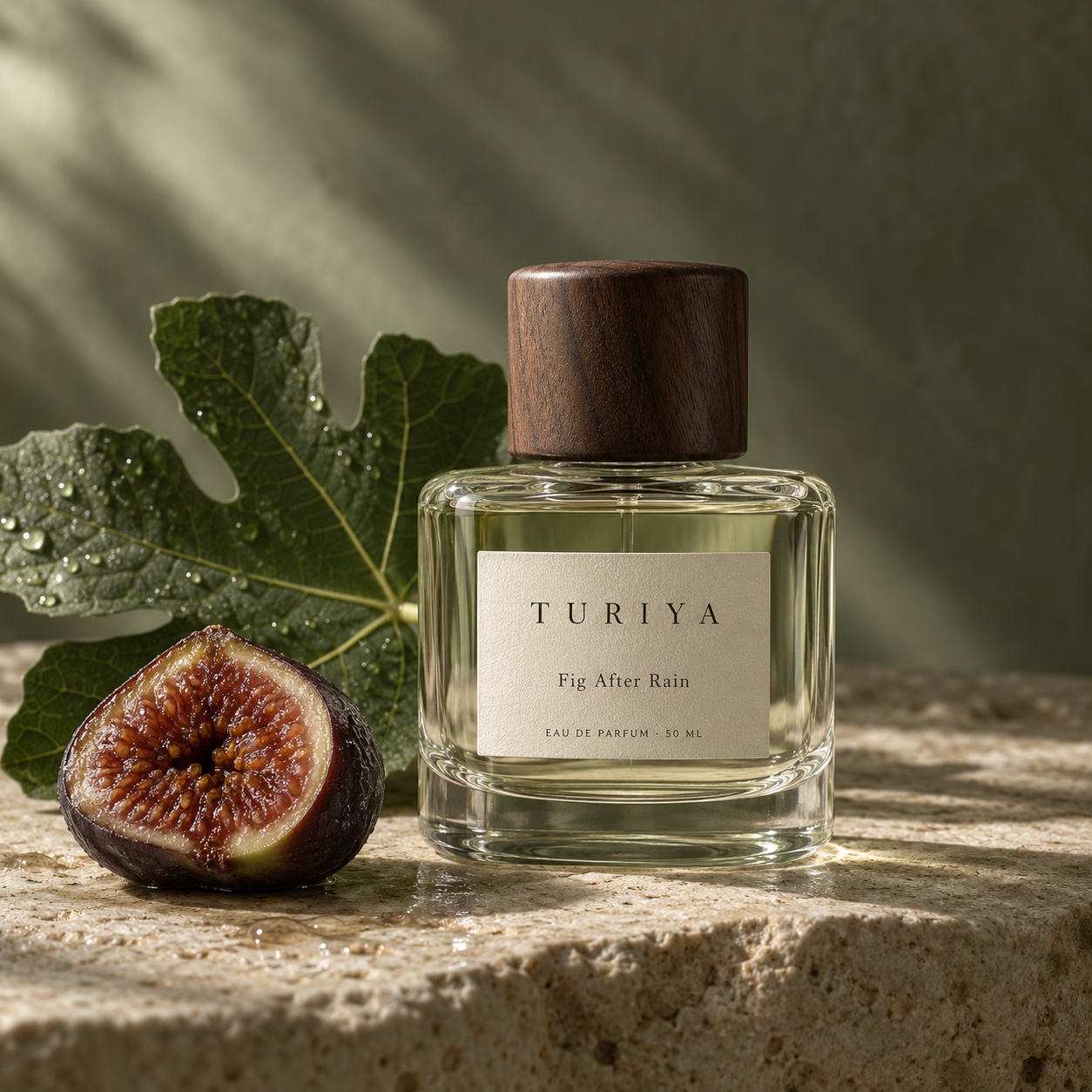 Fig After Rain bottle concept with a fresh fig leaf